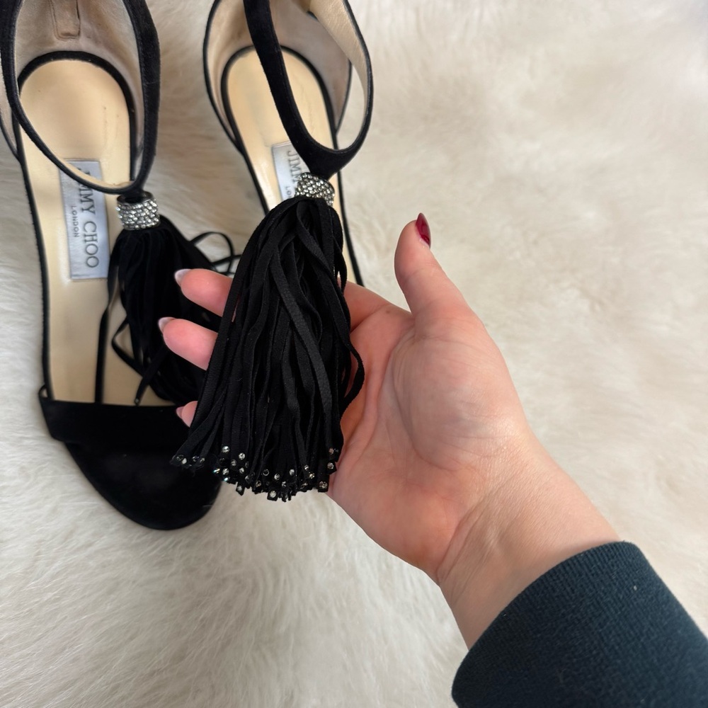 Jimmy Choo Viola Suede Fringe Rhinestone Sandal Heels - Picture 10 of 13